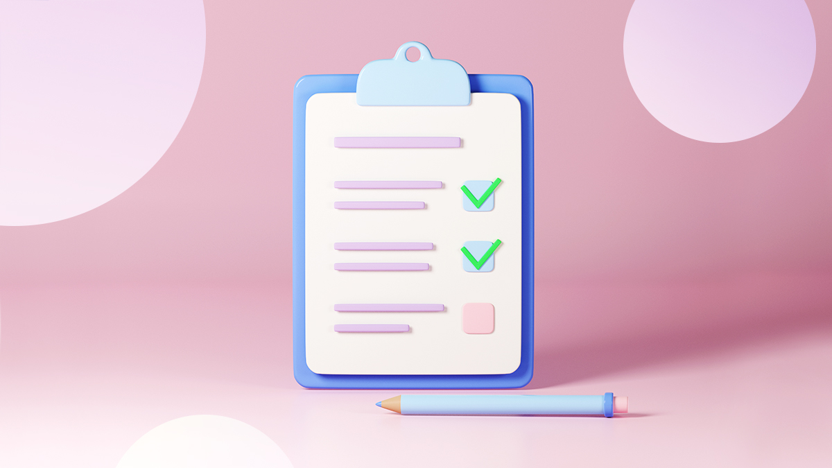 A colourful clipboard with checkboxes and a pencil on a pastel background, representing a task list or interview preparation.