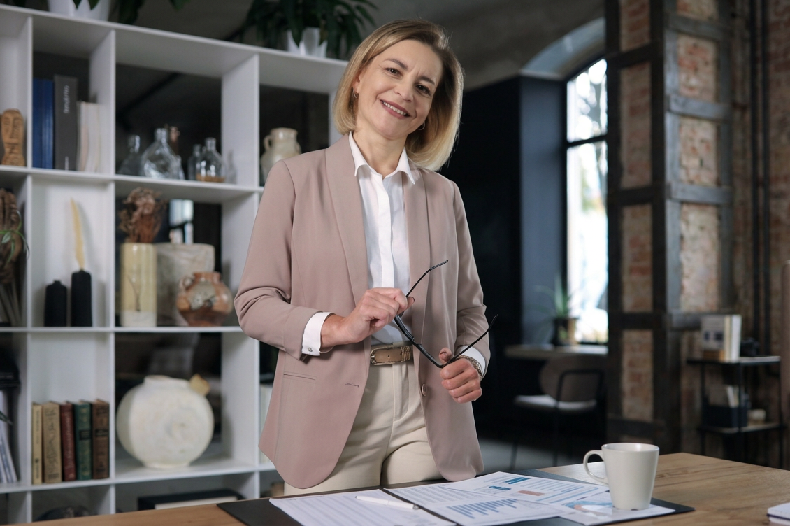 Woman in a beige blazer standing at an office desk, holding glasses and smiling.